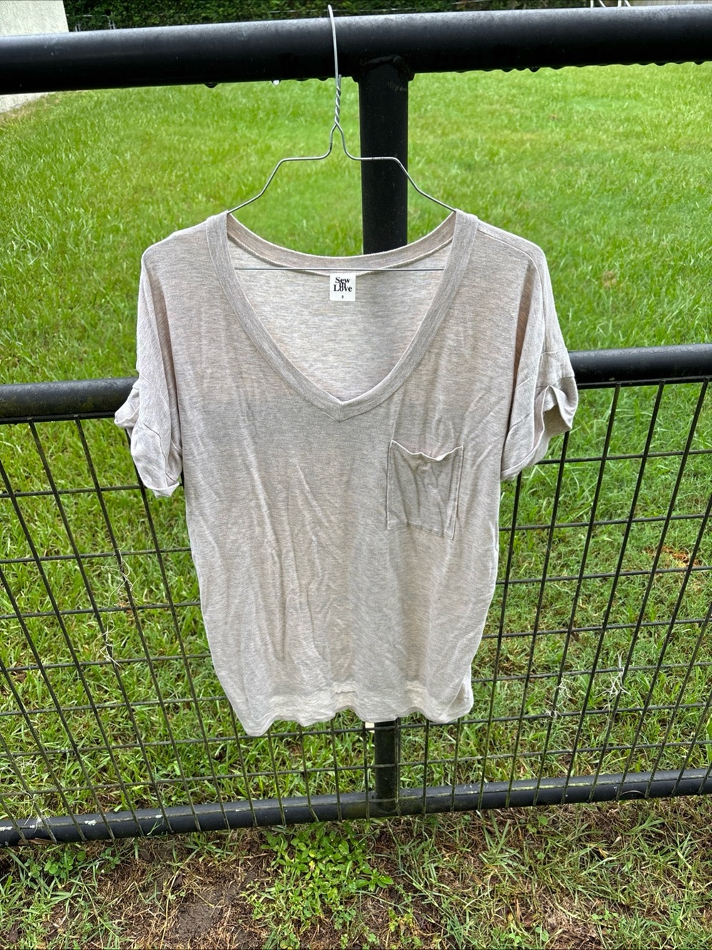 Sew In Love Light Gray V-Neck Short Sleeve Pocket Tee